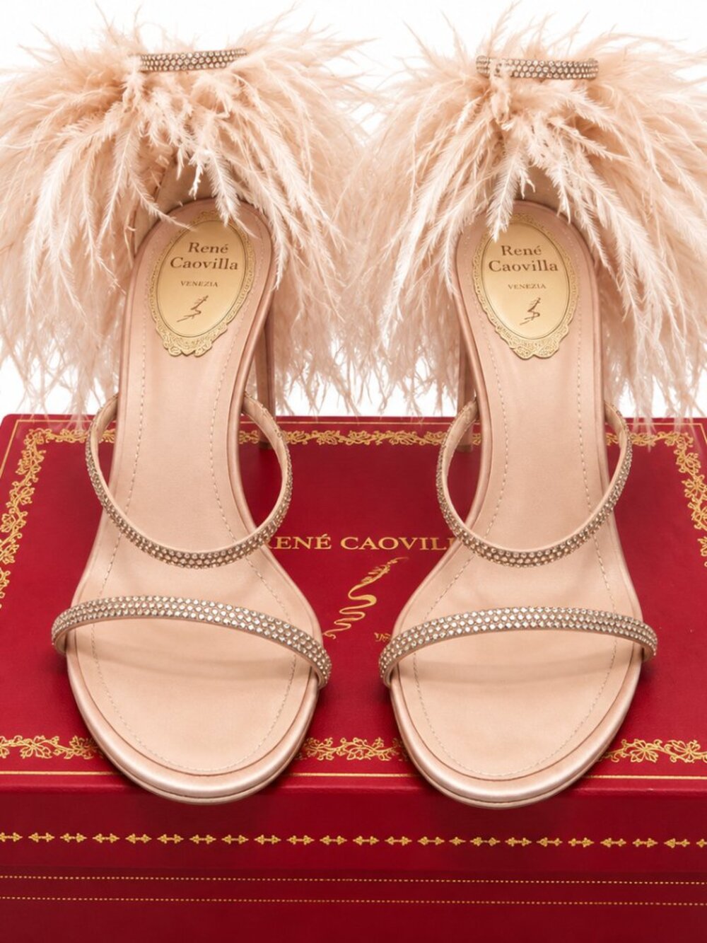 René Caovilla Margot Crystal Feather Stiletto Sandals